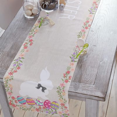 Paasdag Tafelloper - Paasdecoratie Tafel - Feestelijke Tafeldekking - Katoen Linnen Stijl - 33 x 228 cm - Blauw Roze Bloemen