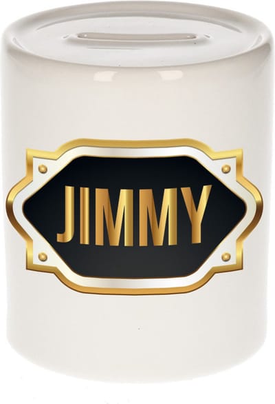 Spaarpot met voornaam Jimmy - wit - met goud/zwart embleem - 8 x 9 cm - keramiek - met afsluitdop - cadeau verjaardag