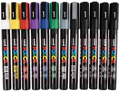 Posca Marker, afm PC-3M, lijndikte 0,9-1,3 mm, fijn, diverse kleuren, 12 stuks
