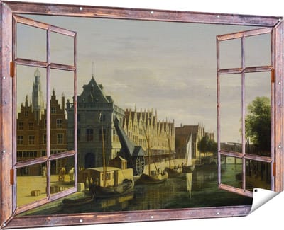Gards Tuinposter Doorkijk De Waag en de Kraan aan het Spaarne te Haarlem - Gerrit Adriaensz Berckheyde - 180x120 cm - Tuindoek - Tuindecoratie - Wanddecoratie buiten - Tuinschilderij