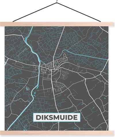 Posterhanger incl. Poster 40x40 cm - Schoolplaat - Stadskaart – Grijs - Kaart – Diksmuide – België – Plattegrond - Textielposter - Blanke latten - Stadskaart