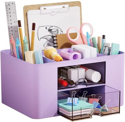 Bureau Organiser met Lades,Multifunctionele Pennenhouder Bureau met 7 Compartimenten,2 Laden, Organiser en Accessoires (Paars)