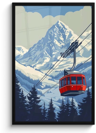 Poster in lijst - Fotolijst 60x90 cm - Posters - Kabelbaan - Sneeuw - Berglandschap - Posterlijst zwart - Decoratie - Wanddecoratie woonkamer - Muurdecoratie slaapkamer