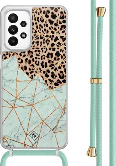 Casimoda® hoesje met mintgroen koord - Geschikt voor Samsung A23 - Luipaard Marmer Mint - Afneembaar koord - TPU/acryl - Mint