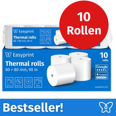 NIEUW: Easyprint Thermische Rollen / Kassarollen, 10 Rollen, 80mm x 80mm x 12mm, 90m, Testwinnaar, PEFC-gecertificeerd, voor EPSON, IBM e.a.