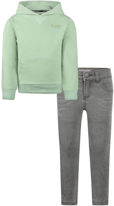Koko Noko - Kledingset - Basic Collection - Bio Cotton - Grijze jeans - Sweater with hood Faded green - Maat 92