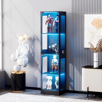 BLACKCOLORS Glazen vitrinekast met vier verdiepingen, opbergruimte, ledverlichting, glazen deuren en slimme sensoren. Stofvrije vitrinekast geschikt voor de woonkamer, slaapkamer en kantoor. Zwart. 40 x 35 x 165 cm