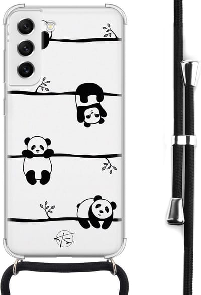 Hoesje met koord geschikt voor Samsung Galaxy S21 FE - Panda - Inclusief koord - Crossbody beschermhoes - Transparant, Wit - Mooie Telefoonhoesjes