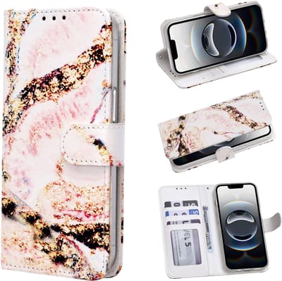 Casemania Hoesje Geschikt voor Apple iPhone 16e - Marmer Zand Print - Portemonnee Bookcase met Pasjeshouder en Standaardfunctie - Wallet case met Ingebouwde Kaarthouders