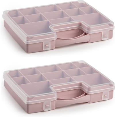 2x stuks plasticforte opbergkoffertje - 13-vaks - oud roze - opbergkoffer - sorteer box - 27,5 x 20,5 x 3 cm
