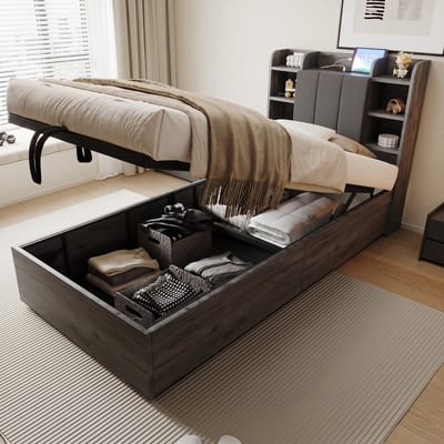 VVBV Houten Eenpersoonsbed met Hydraulische Opbergruimte 90x200 cm - USB-C & Stopcontact - Hout Grijs - Zonder Matras