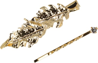 Haarsoires Haarspeld Duckklem en Schuifspeldje 6,5cm – Bladvorm en Strass Steentje – Goud – Set van 2 - Sterke Haarclip voor Styling & Dagelijks Gebruik - Hair Clip - Decoratieve Haaraccessoire