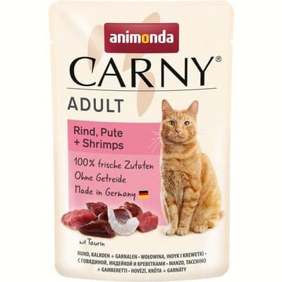 24x85g Maaltijdzakjes Rund, Kalkoen + Garnalen Animonda Carny Kattenvoer