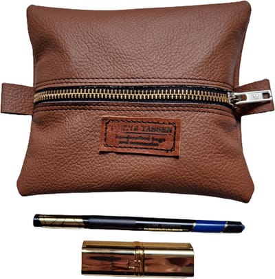 Toetie & Zo - Handgemaakte Makeuptas - Leer - Bruin - Plat model - Toilettas - Etui