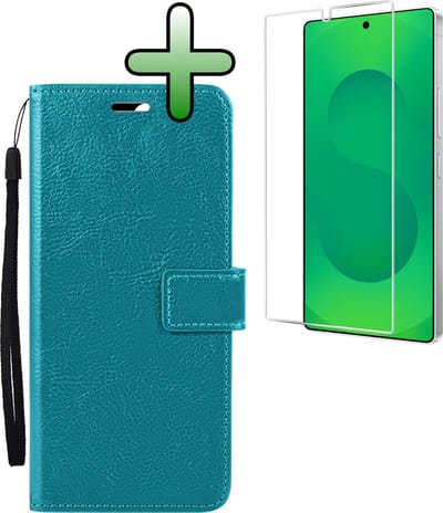Hoesje Met Screenprotector - Geschikt voor Samsung Galaxy S25 Ultra - Luxe Pasjeshouder - Bookcase Portemonee - Flip Case - Kunstleer Book Case - Flipcase - Book Cover - Walletcase - Portemonneehoes - Turquoise
