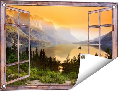 Gards Tuinposter Doorkijk Bergen met een Meer in Nationaal Park Glacier - 60x40 cm - Tuindoek - Tuindecoratie - Wanddecoratie buiten - Tuinschilderij