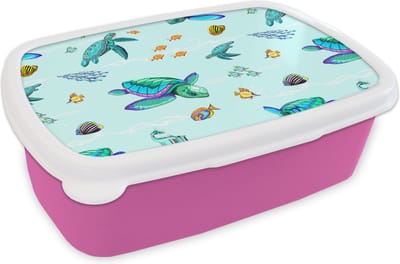 Broodtrommel Roze - Lunchbox - Brooddoos - Regenboog - Schildpad - Vis - Water - Patronen - 18x12x6 cm - Kinderen - Meisje