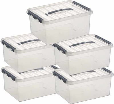 5x sunware q-line opberg box/opbergdoos - 15 liter - 40 x 30 x 18 cm - kunststof - opslagbox - transparant/zilver
