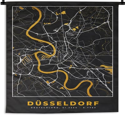 Wandkleed - Wanddoek - Düsseldorf - Stadskaart - Plattegrond - Kaart - Goud - Duitsland - 180x180 cm - Wandtapijt