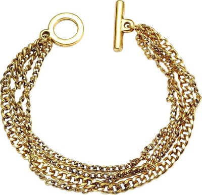 Behave Goudkleurige armband met 4 smalle kettinkjes met gourmet schakels, t-bar sluiting, polsomtrek 17 cm