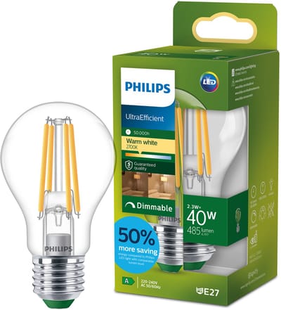 Philips UltraEfficient LED lamp - 40W - E27 fitting - Warmwit licht: 2700K - Dimbaar - Helder glas - A60 lampvorm - Lange levensduur