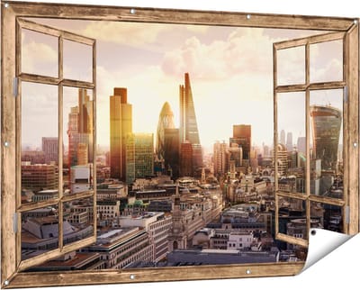 Gards Tuinposter Doorkijk Londen bij Zonsondergang in een Moderne Wijk - 150x100 cm - Tuindoek - Tuindecoratie - Wanddecoratie buiten - Tuinschilderij