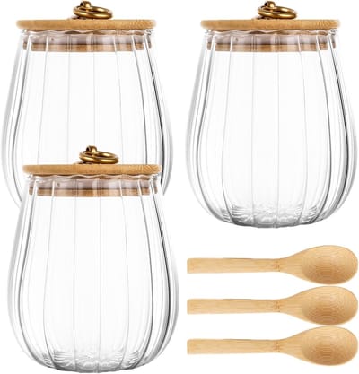 Glazen Opbergdozen met Deksel 650 ml, Luchtdicht en Decoratief, Inclusief 3 Houten Lepels voor Koekjes, Snoep en Gedroogd Fruit