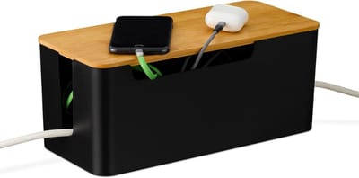 Famanu – Bamboe kabelbox - kabelorganizer met deksel - opbergdoos van duurzaam bamboe en ABS - verberg stekkerstrips - voor het verbergen en afdekken - kabelorganizer - zwart