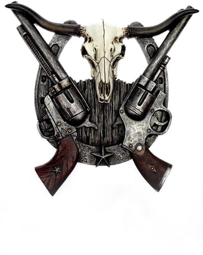 Koeienschedel met pistolen beeld - muurdecoratie - pistool - Skull - Decoratie - Woonaccessoires - 25cm Hoog