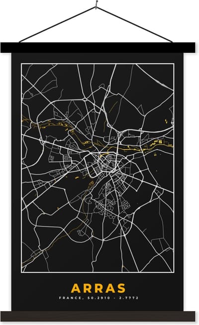 Posterhanger incl. Poster 40x60 cm - Schoolplaat - Frankrijk - Arras - Stadskaart - Kaart - Plattegrond - Textielposter - Zwarte latten - Stadskaart