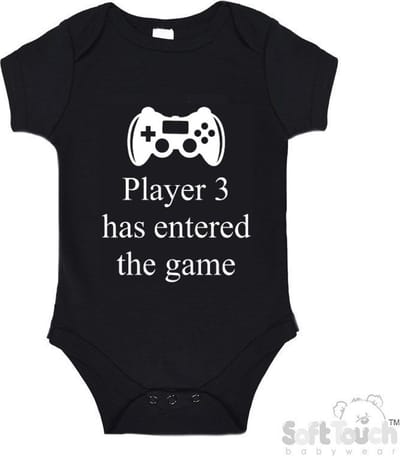 100% katoenen Romper "Player 3 has entered the game" Unisex Katoen Zwart/wit Maat 56/62