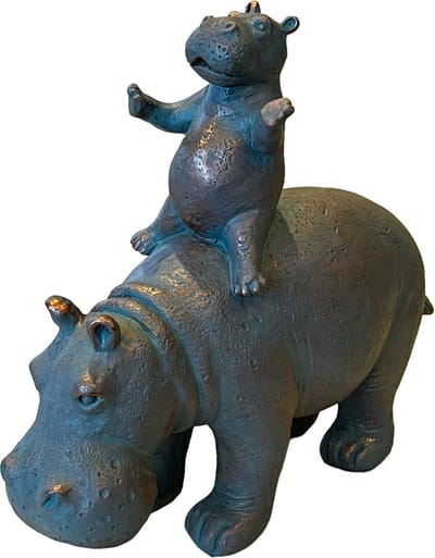 Beeldje Nijlpaard met bay op de rug - Hippo - Bruin/Grijs - 25x10x22 cm