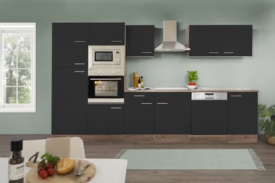 Goedkope keuken 340  cm - complete keuken met apparatuur Oliver  - Donker eiken/Zwart   - keramische kookplaat - vaatwasser - afzuigkap - oven - magnetron  - spoelbak