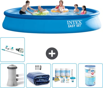 Intex Rond Opblaasbaar Easy Set Zwembad - 457 x 84 cm - Blauw - Inclusief Pomp - Solarzeil - Onderhoudspakket - Filter - Stofzuiger - 6-delig