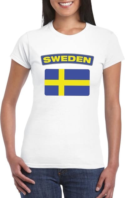 Vlag Zweden t-shirt - wit - met vlag van het land print - voor dames - korte mouwen - supporters S