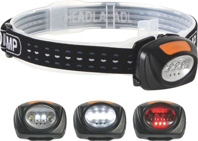 Perel Led hoofdlamp, koplamp led voor joggen lopen kamperen wandelen, verstelbare hoofdband, zaklamp led, superheldere verlichting, 4 witte en 3 rode leds, 3 lichtmodi
