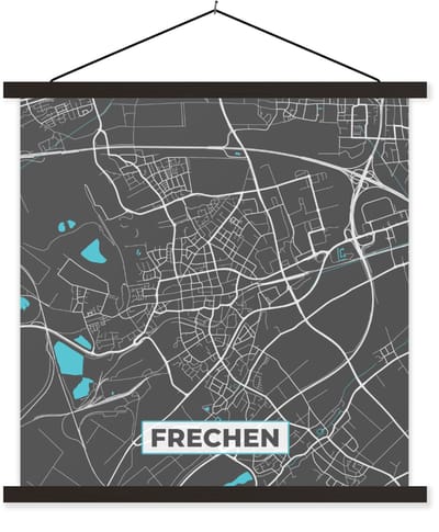 Posterhanger incl. Poster 40x40 cm - Schoolplaat - Frechen – Stadskaart – Blauw – Plattegrond – Stadskaart – Kaart - Duitsland - Textielposter - Zwarte latten - Stadskaart