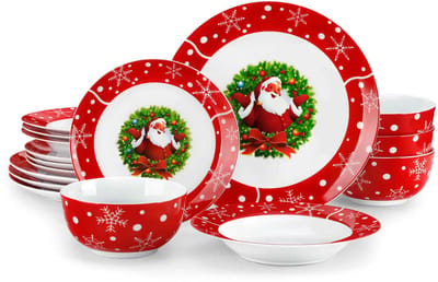 Luxe Serviesset – 16 delig – 4 persoons – Porselein - Bordenset – Dinner platen – Dessertborden - Kommen - Pastabord - Rood - Kerst