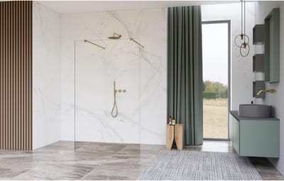FugaFlow Eccelente Vetro Vrijstaande inloopdouche badkamer - 100x200cm - Helder geribbeld - antikalk - 8mm veiligheidsglas - met wandarmen - Messing geborsteld (goud) -
