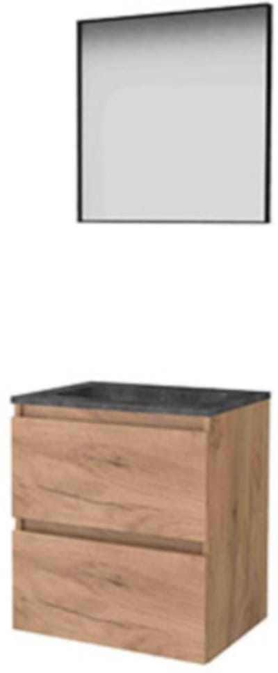 Basic-Line Framed 46 Badkamermeubelset - 60 x 46 cm - Greeploos - 2 Lades - Hardstenen Wastafel - 1 Kraangat - Spiegel met Zwart Aluminium Frame - Whisky Oak