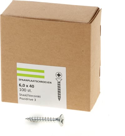 Hoenderdaal Spaanplaatschroef verzinkt platverzonken kop PZ3 voldraad 6.0X40 (per 100 stuks)
