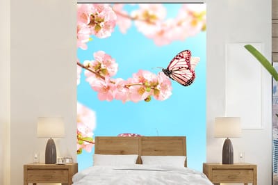 Behang - Fotobehang Vlinders - Boom - Bloemen - Breedte 200 cm x hoogte 300 cm