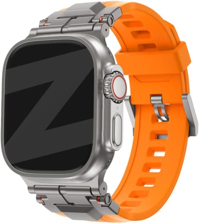 Bandz Liquid silicone band 'Explorer' - Luxe horlogeband geschikt voor Series Apple Watch 1/2/3/4/5/6/8/9/10/11/SE(2-3)/Ultra(2-3) - iWatch bandje voor grote maten 44mm 45mm 46mm 49mm (oranje met titanium connectors)