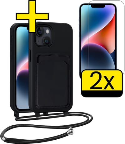 Hoesje Geschikt voor iPhone 13 Telefoonhoesje Met Koord Case Pashouder Met 2x Screenprotector Siliconen - Hoes Geschikt voor iPhone 13 Hoesje Met Kaarthouder - Zwart