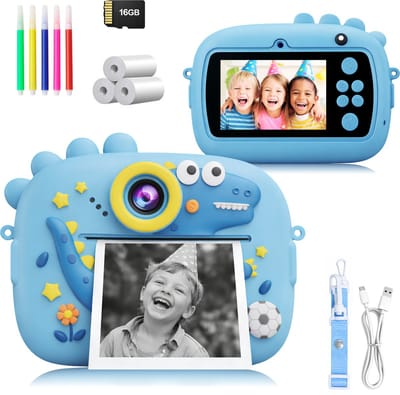 Peblo® Digitale Kindercamera met Foto Printer - Fototoestel voor Kinderen - Speelgoedcamera - Selfie Camera - Kinder Fotocamera Instant Print- Speelgoed Video Camera Kind - Vlogcamera Kids - SD Kaart 16GB - Dino Blauw