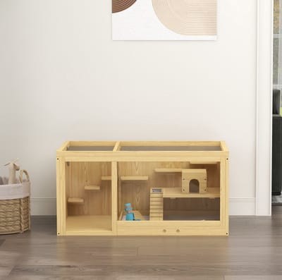 HAUSS SPOLE Kooi – 100 x 50 x 50 cm – Met Openklapbaar Dak En Uitneembare Lade – Hout – Naturel – Voor Hamsters En Gerbils