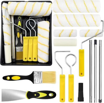 Complete Verfrolset van 18 Stukken met Telescopische Stok van 1,2 m - Inclusief Verfrollen van 23 cm en 11 cm, Kwasten, Schraper en Verftray voor Muren en Plafonds