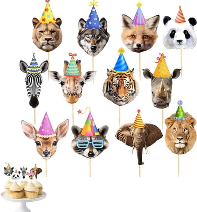 SnelShoppen - Jungle Dier Cake Topper Set 24 Stuks - Cupcake Decoratie Dierenfeest - Safari Thema - Giraffe, Leeuw, Olifant - Versiering voor Kinderve