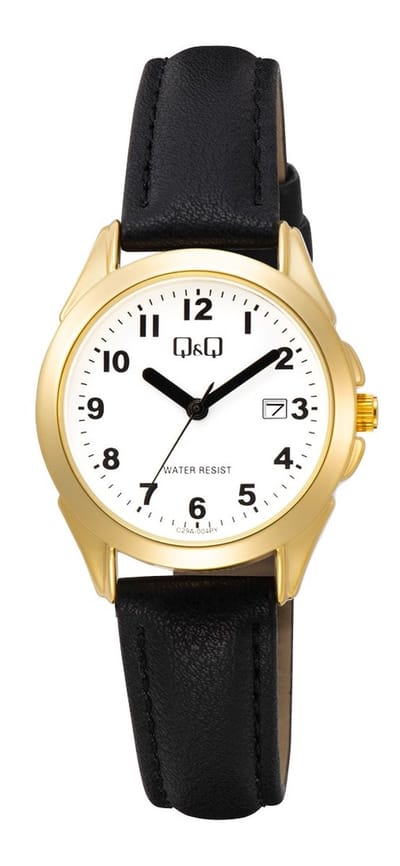 Q&Q C29A-004PY - Horloge - Analoog - Vrouwen - Dames - Leren band - Rond - Metaal - Cijfers - Datumaanduiding - Zwart - Goudkleurig - Wit