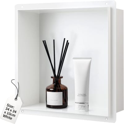Dailygoods - DBREAKS Wandnis douche roestvrij staal, 34 x 34 x 10 cm douchenis, witte douchebak ingebedde opslag, wandnis opslag voor badkamer, wandnis enkele plank opslag, doucheplank randloos